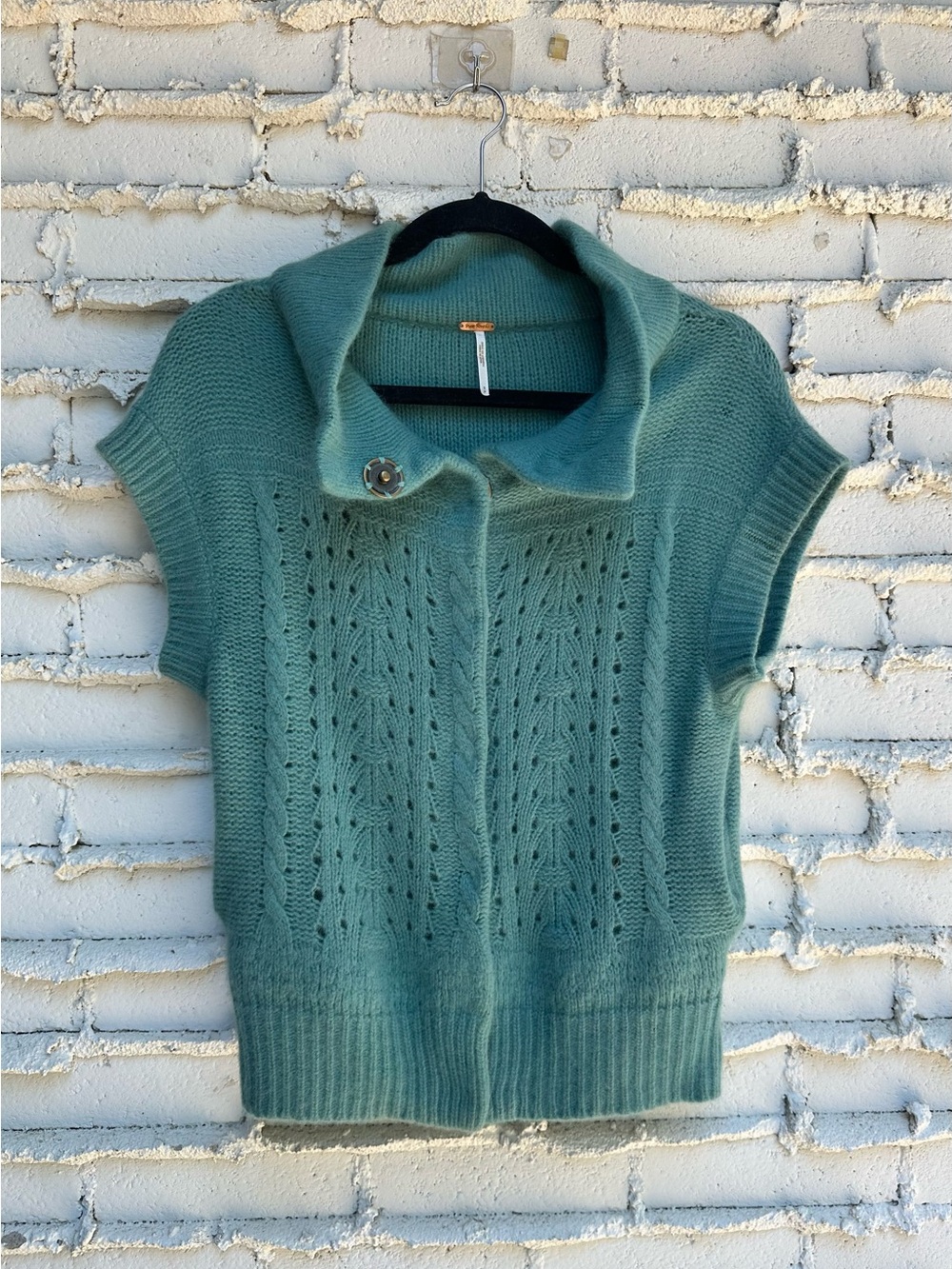 Free People Sage Green Openwork Short-Sleeve Cardigan